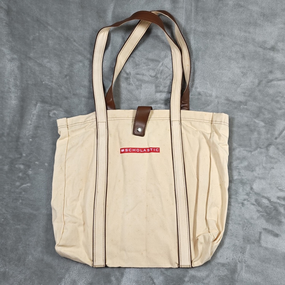 Vintage Scholastic Tote Bag Womens Cream Faux Leather Trim Canvas Snap Closure